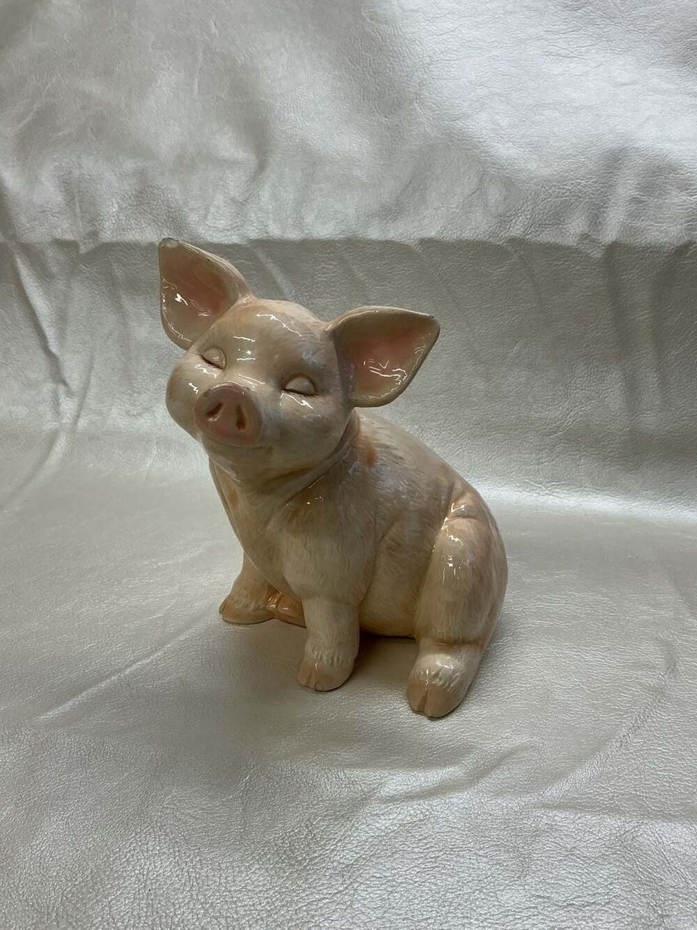 Vintage Ceramic Sitting Pig Figurine, Hand-Painted Pink